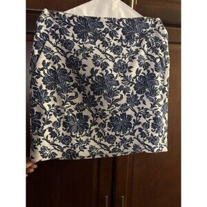 ANN TAYLOR Floral Brocade Pencil Skirt Navy Blue White Size 4 Lined Pockets